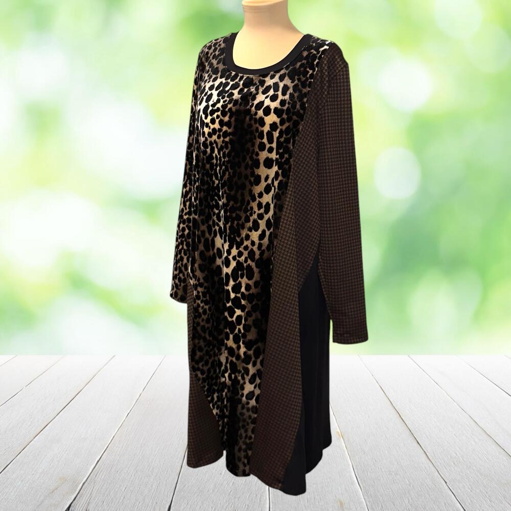 ALEMBIKA Midi Dress Leopard Velvet Houndstooth Knit Lagenlook Pockets Sz 5 14/16